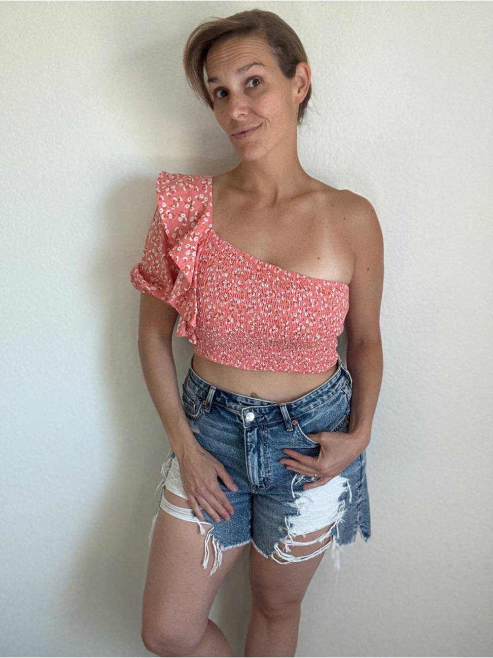 Billabong Smocked One Shoulder Floral Ruffle Top Large Feminine Stretchy